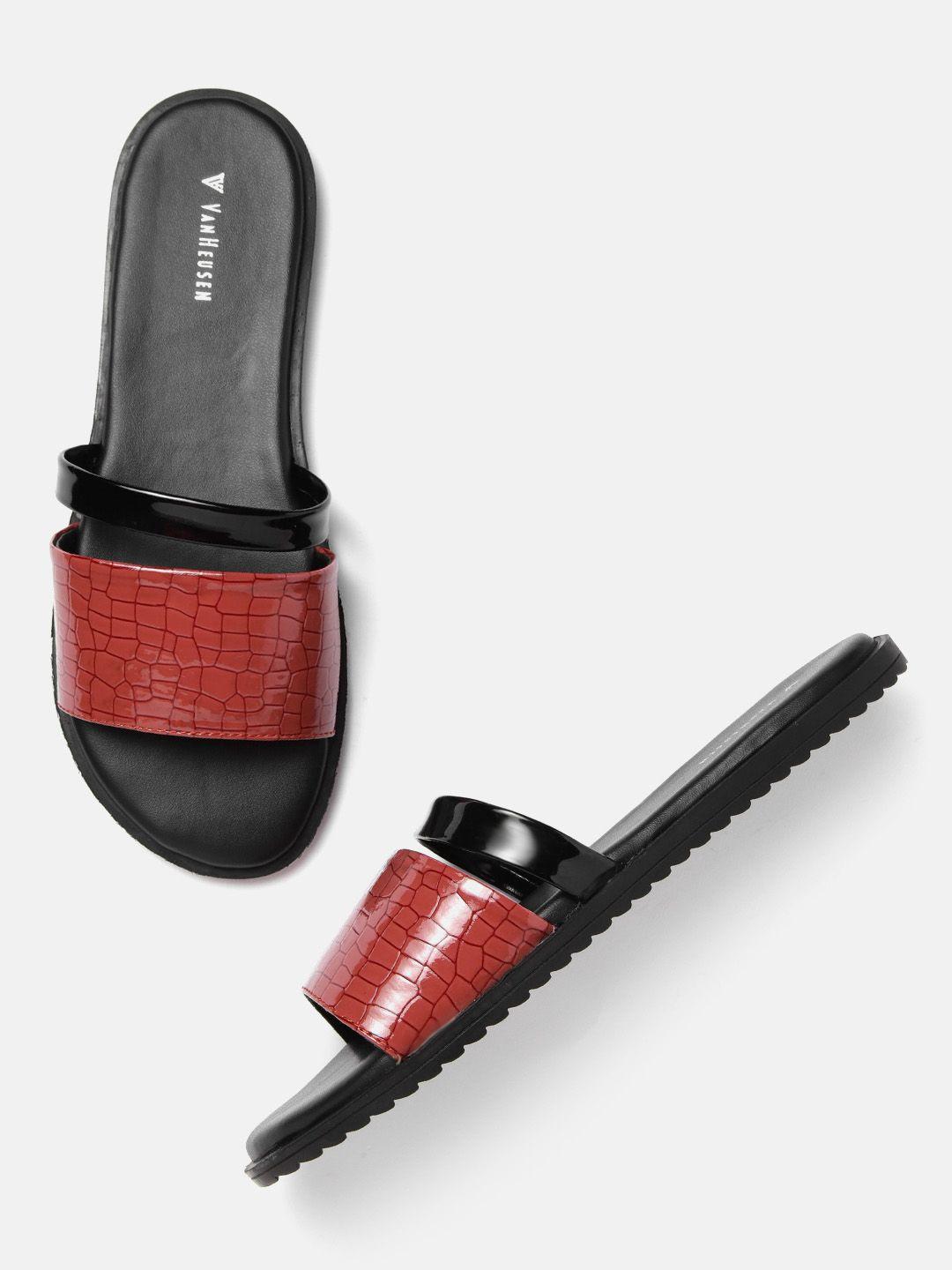 van heusen woman rust red & black croc textured open toe flats