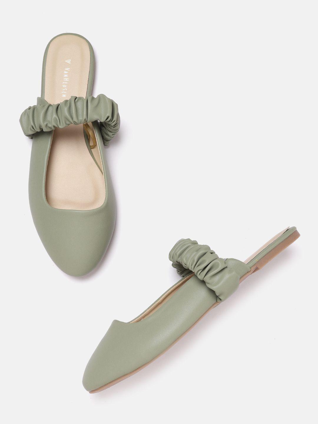 van heusen woman sage green solid mules with ruched detail