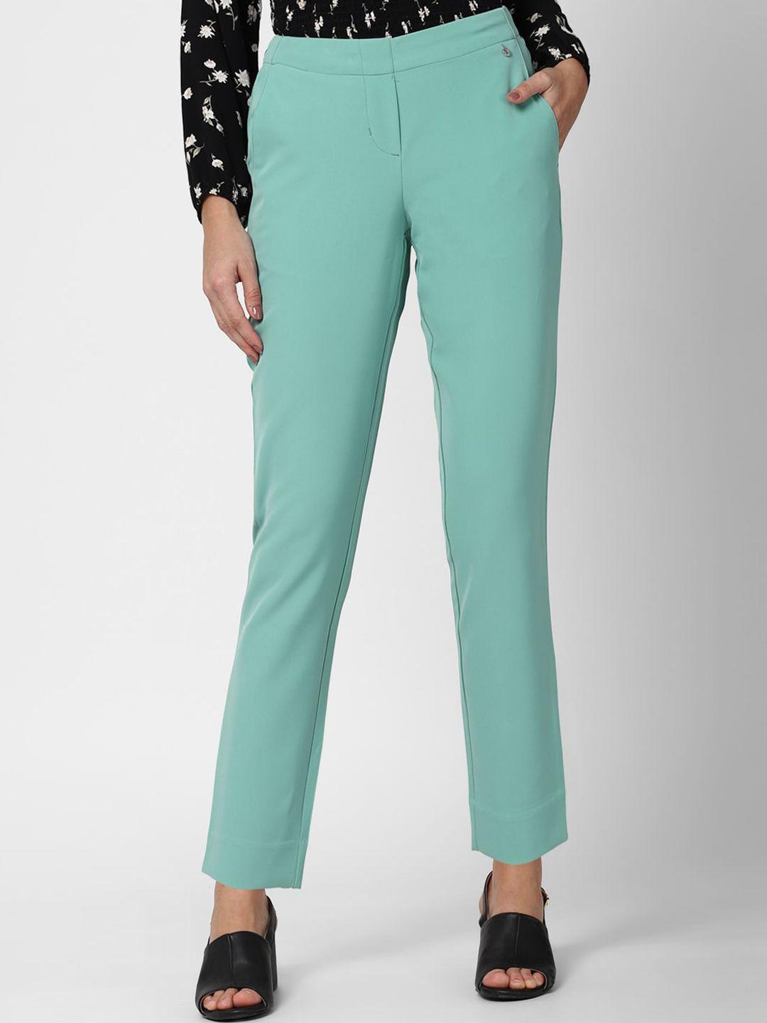 van heusen woman sea green solid regular fit trousers