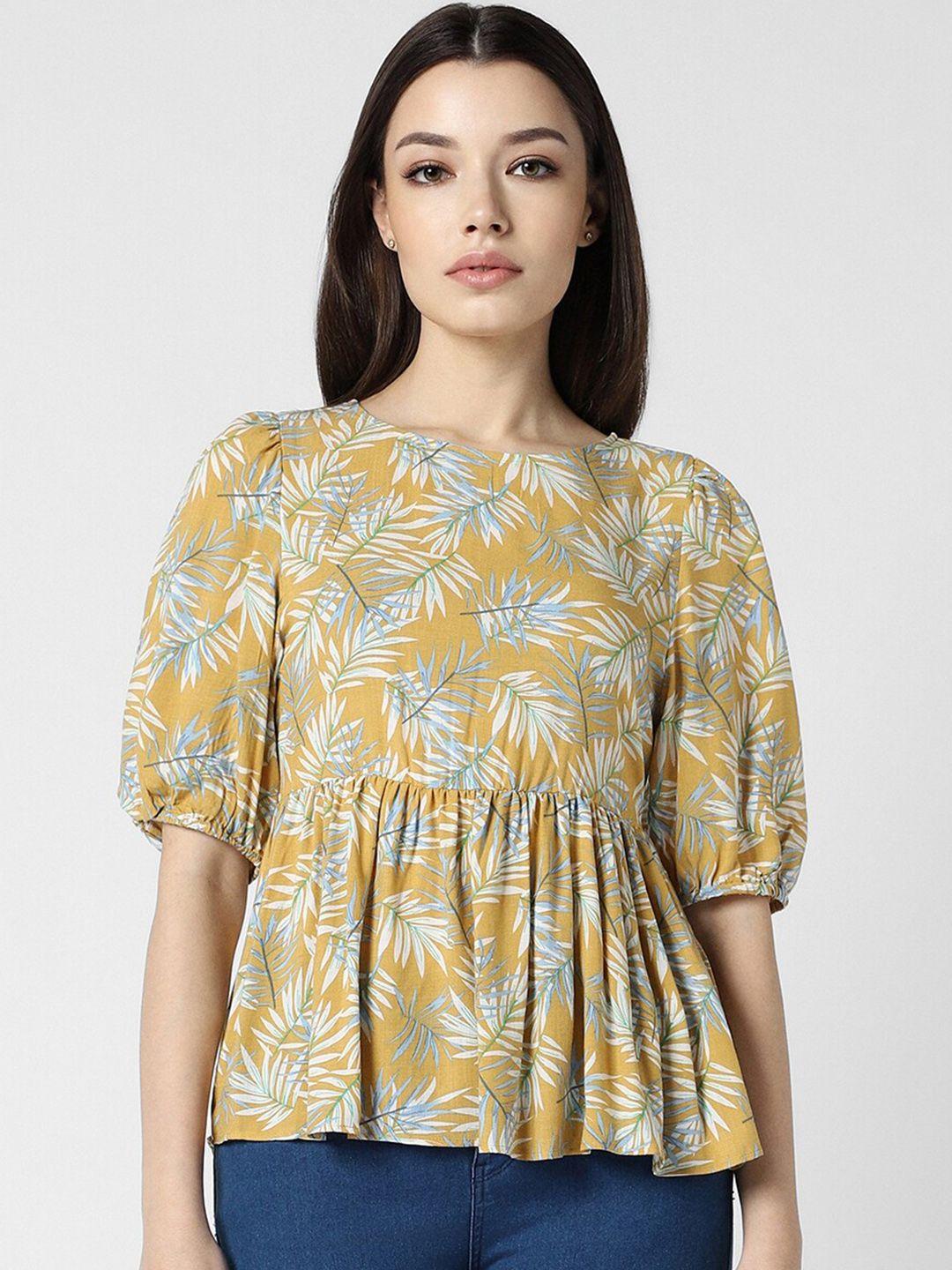 van heusen woman tropical printed puff sleeves round neck a-line top