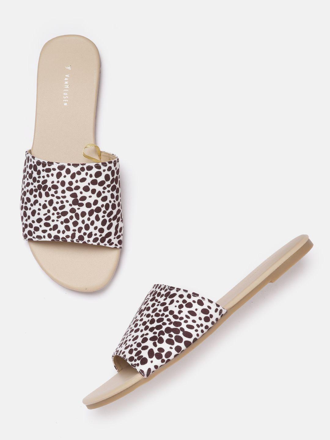 van heusen woman white & coffee brown abstract printed flats