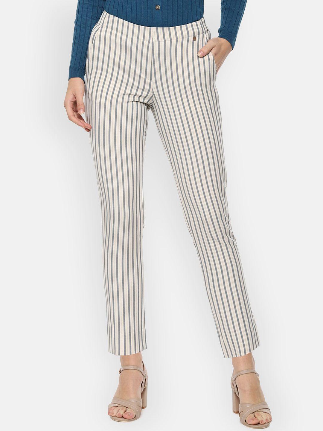 van heusen woman women beige & grey striped trousers