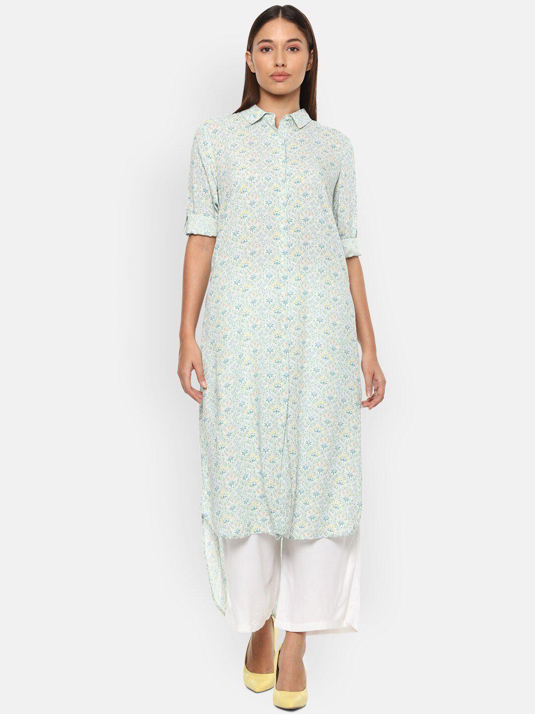 van heusen woman women green & yellow floral printed kurta