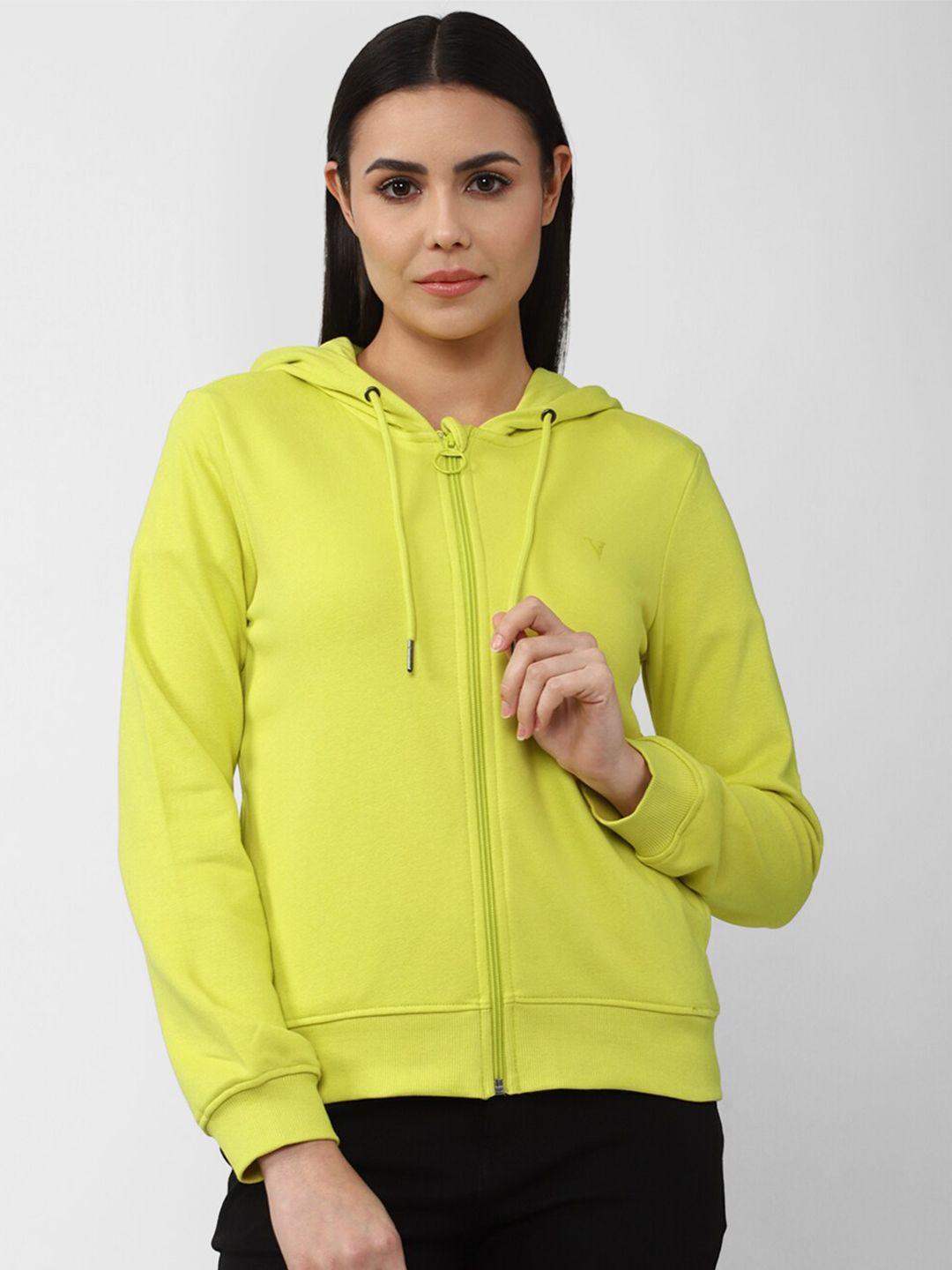 van heusen woman women green hooded solid front-open sweatshirt