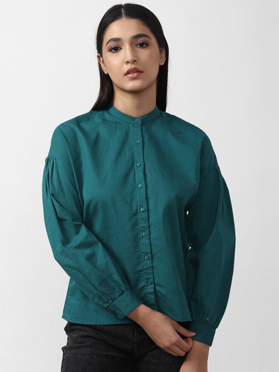 van heusen woman women green solid mandarin collar extended sleeves cotton casual shirt