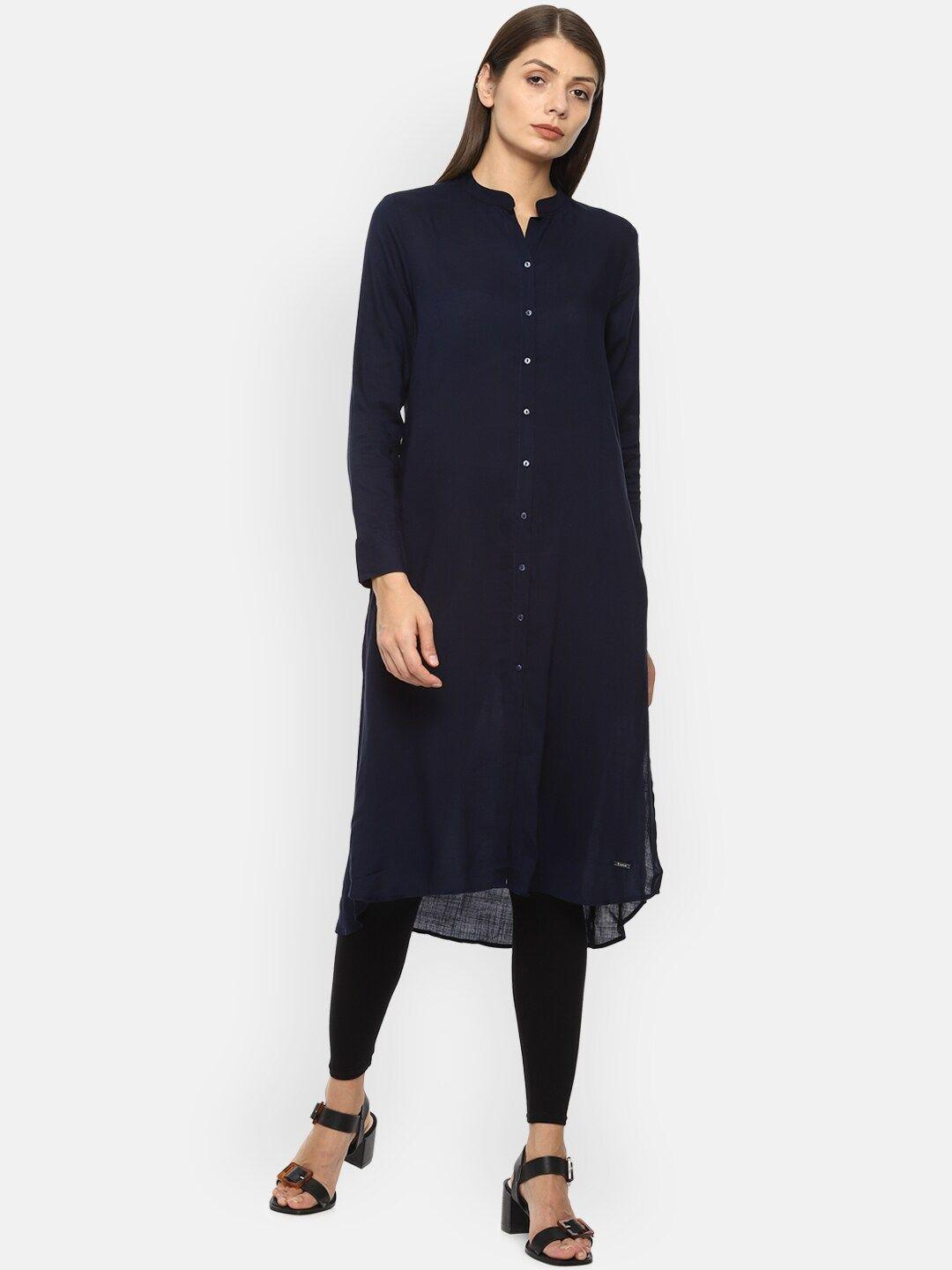 van heusen woman women navy blue mandarin collar kurta