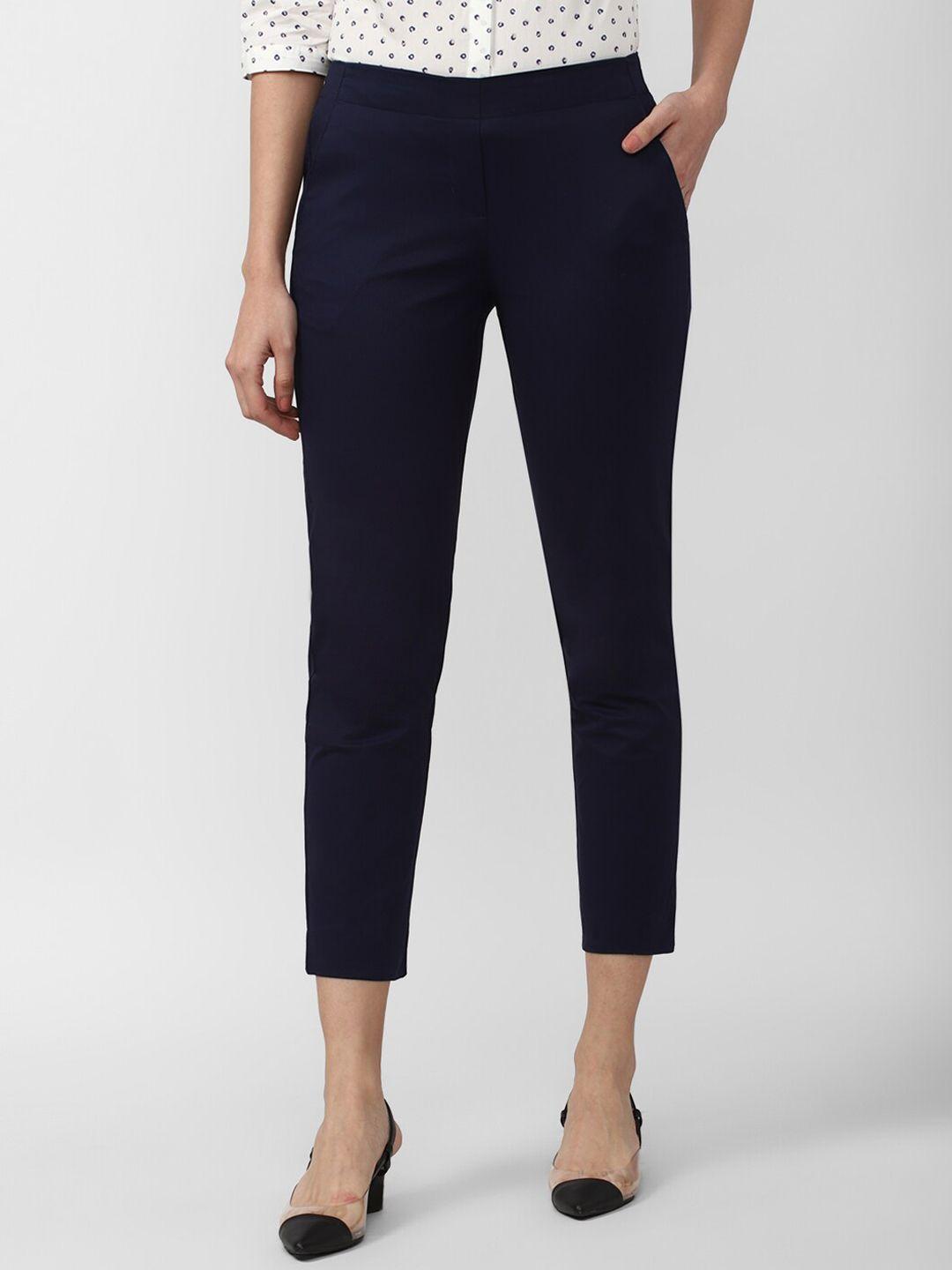 van heusen woman women navy blue slim fit solid trousers