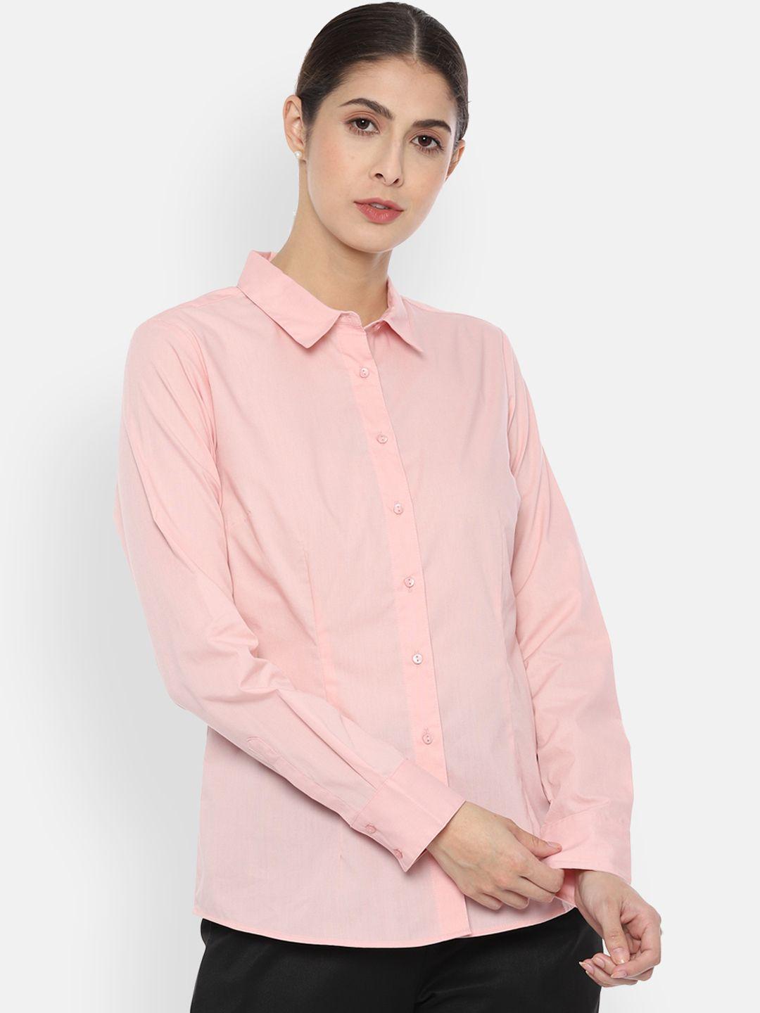 van heusen woman women peach-coloured regular fit solid formal shirt