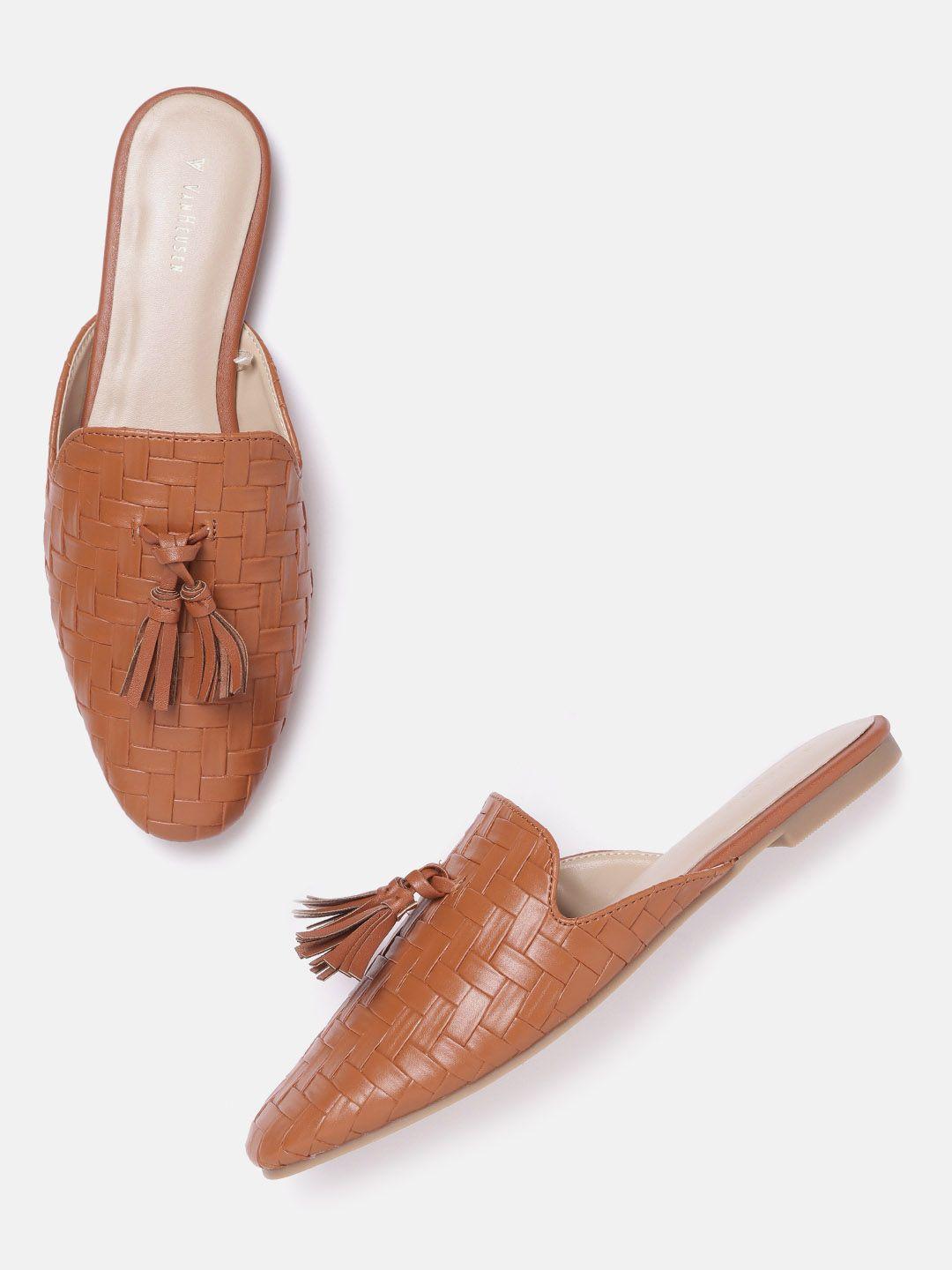 van heusen woman women tan brown basket weave pointed toe mules with tassels