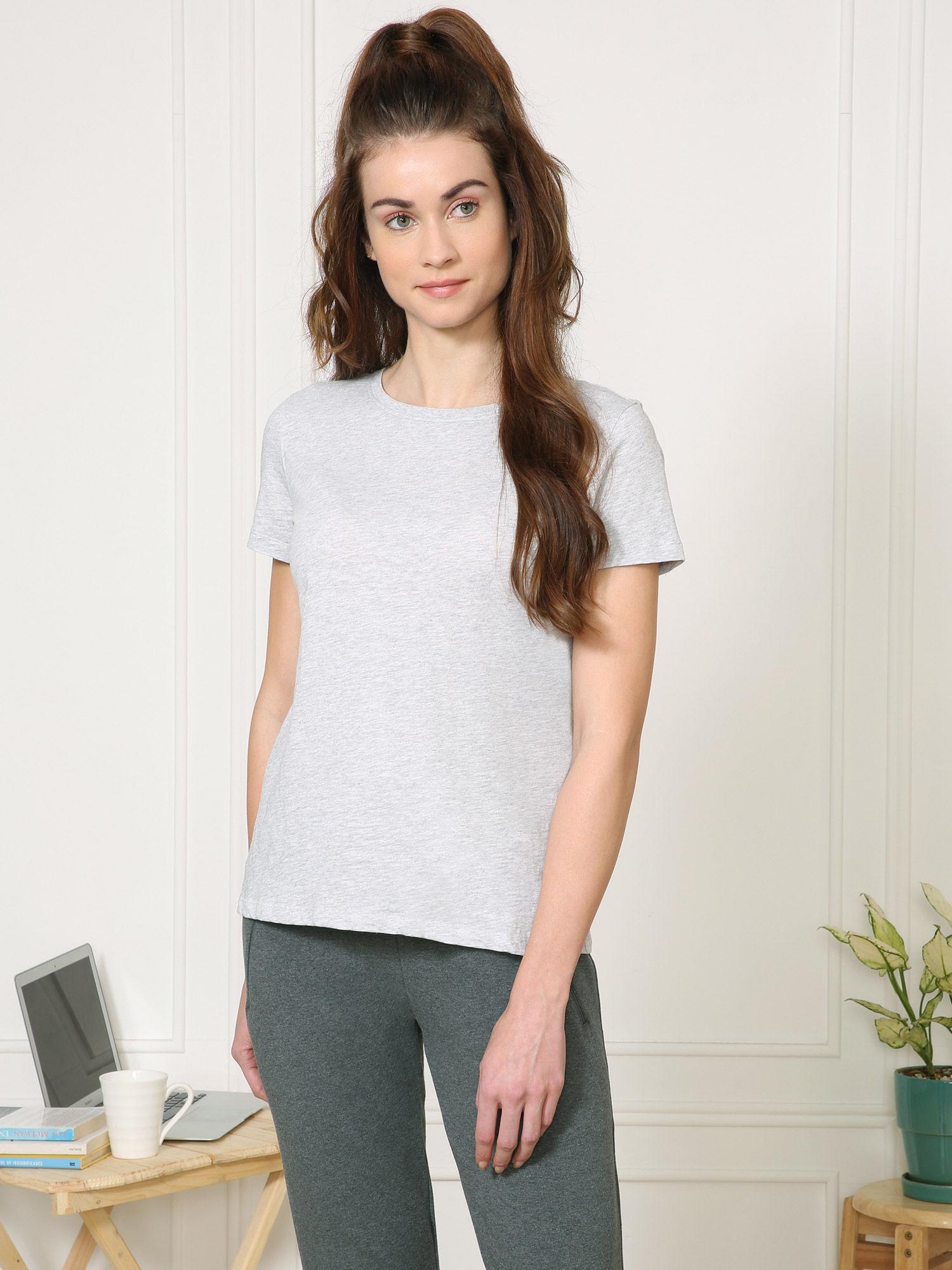 van heusen women colour fresh & round neck lounge t-shirt - lt grey melange