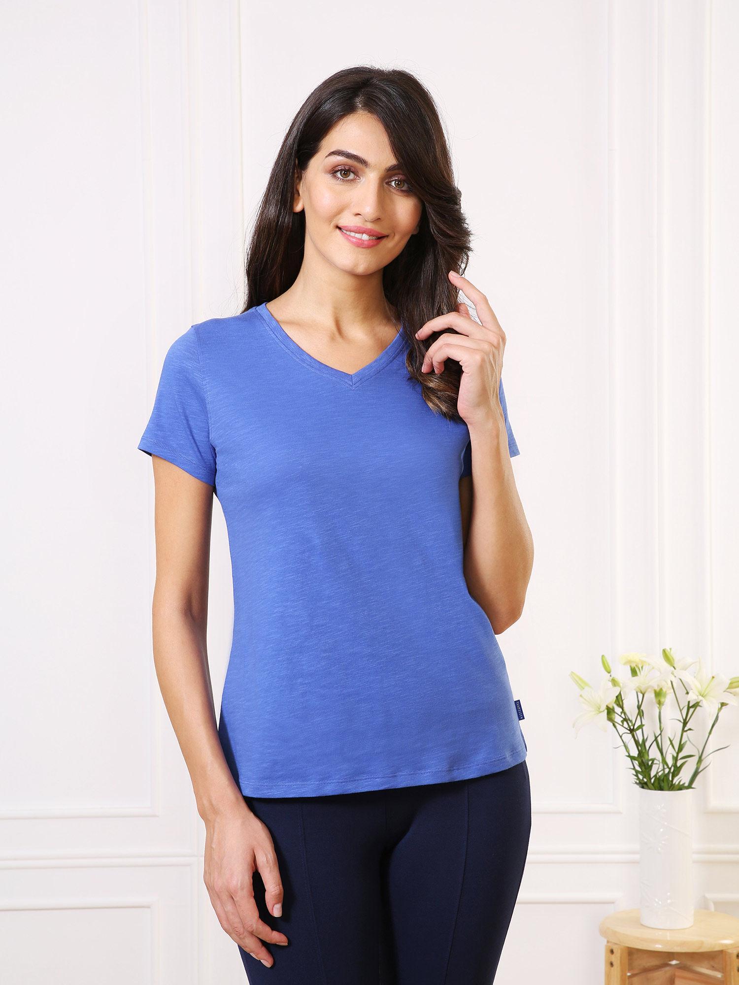 van heusen women colour fresh & v-neck lounge t-shirt - amparo blue