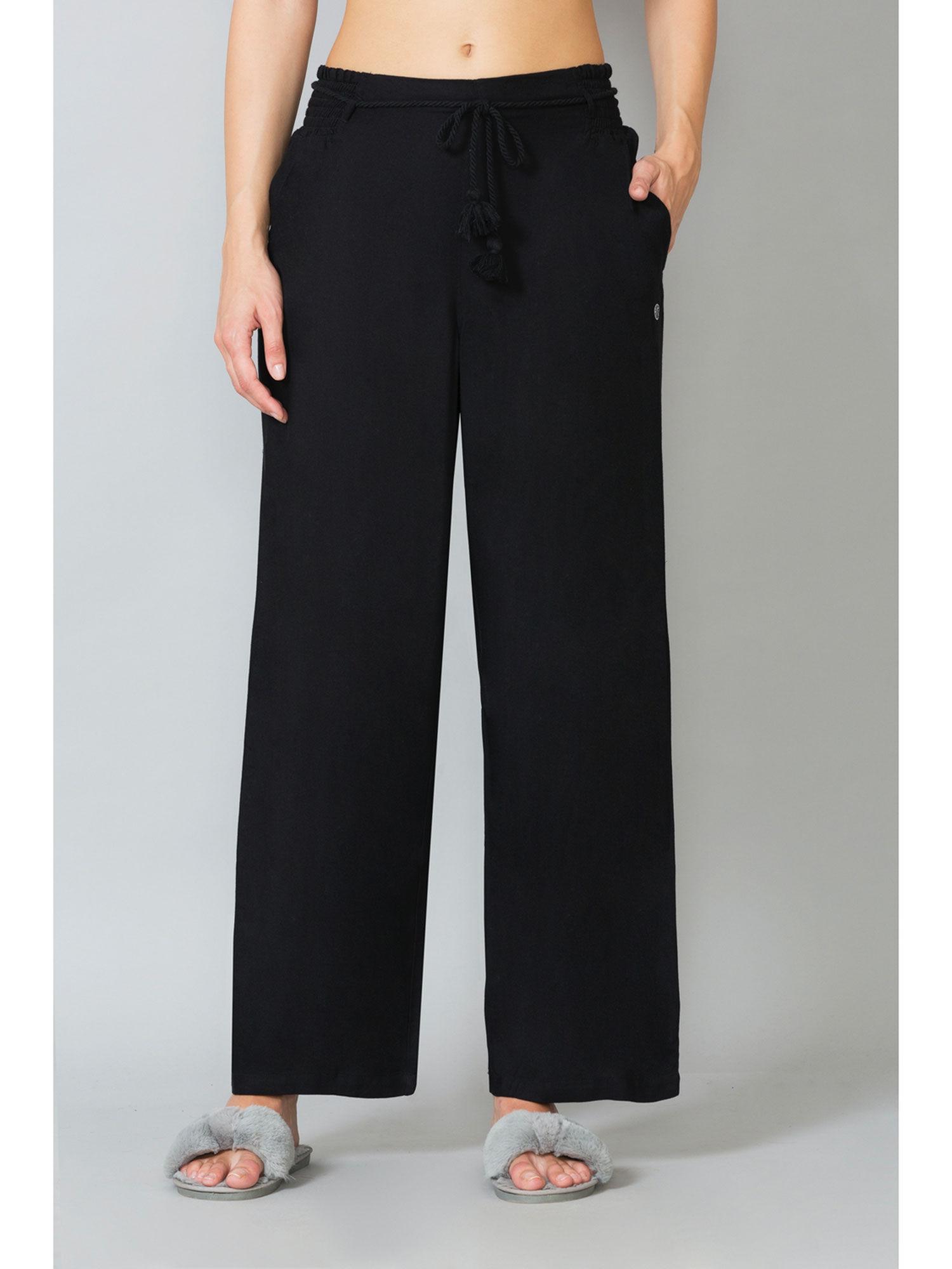 van heusen women functional pocket & smocked waistband lounge pyjamas - black