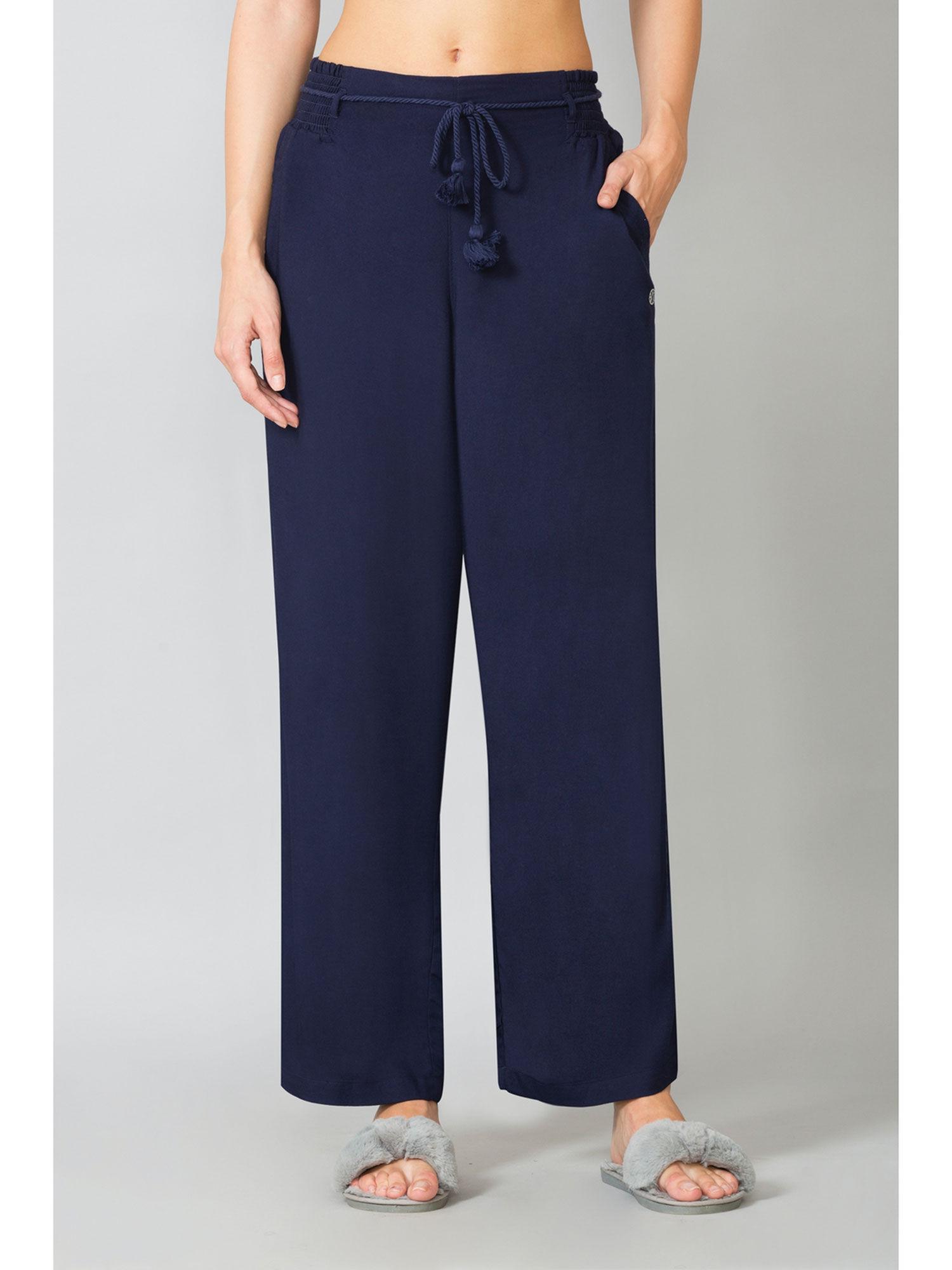 van heusen women functional pocket & smocked waistband lounge pyjamas - blue