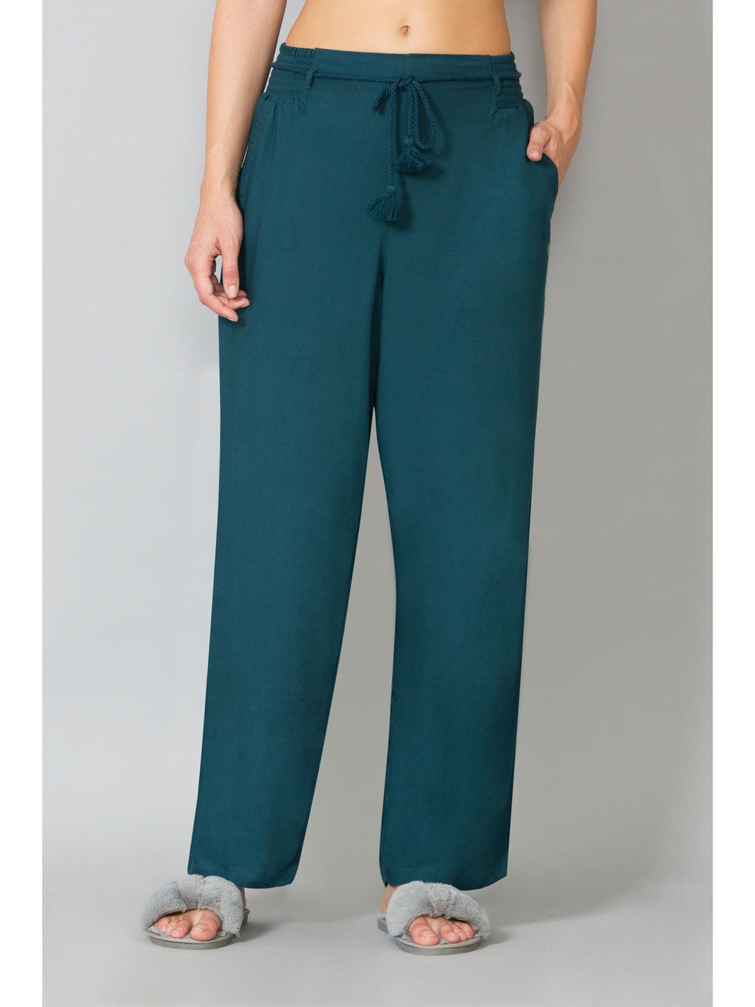 van heusen women functional pocket & smocked waistband lounge pyjamas - blue
