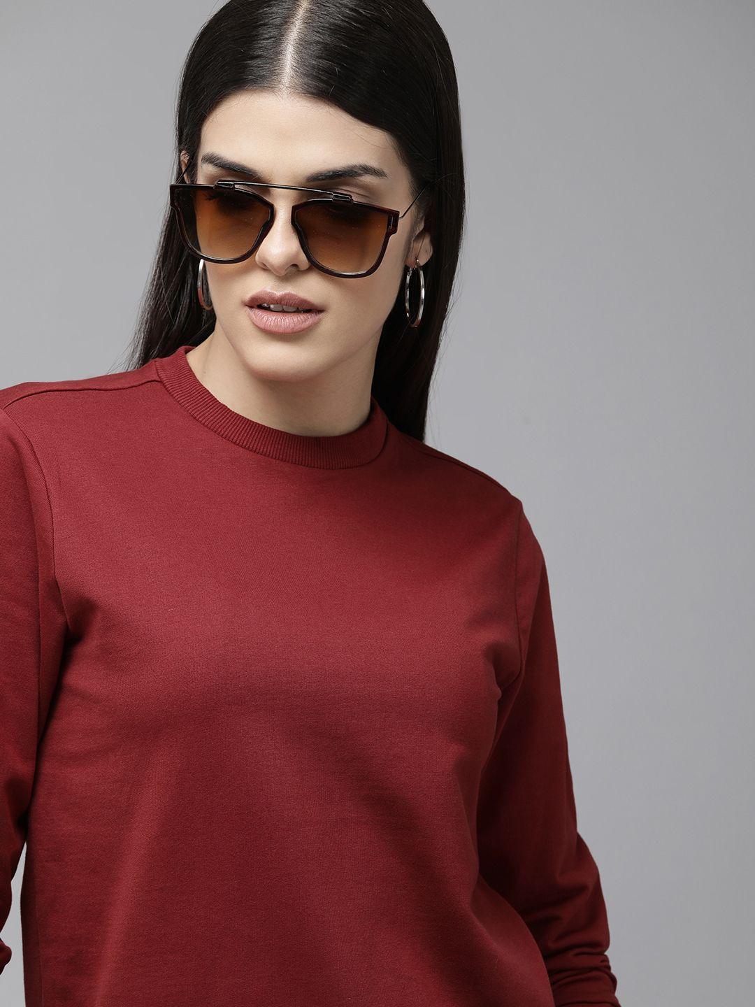 van heusen women maroon solid round-neck pure cotton pullover sweatshirt