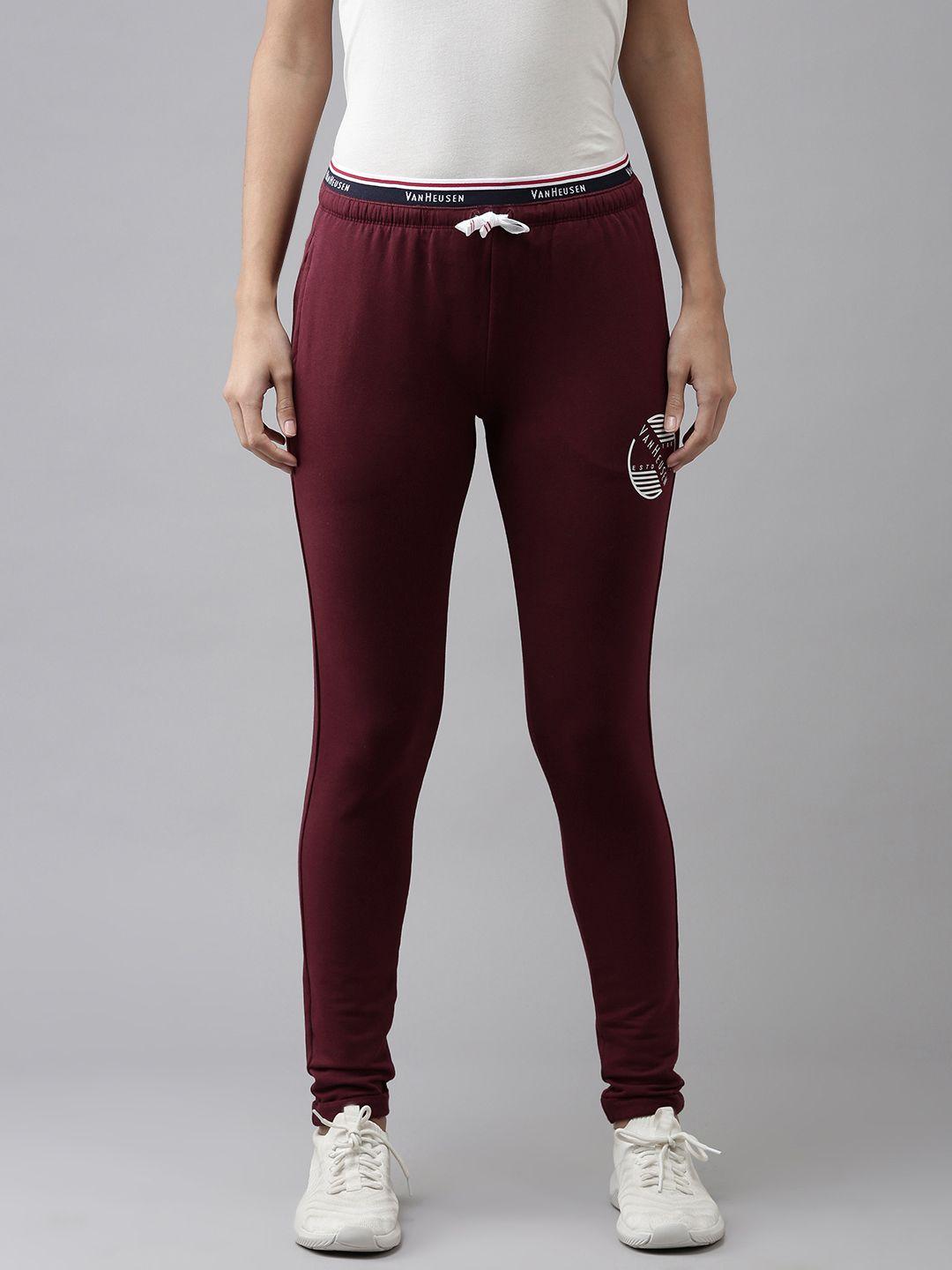 van heusen women maroon solid track pants with printed detail