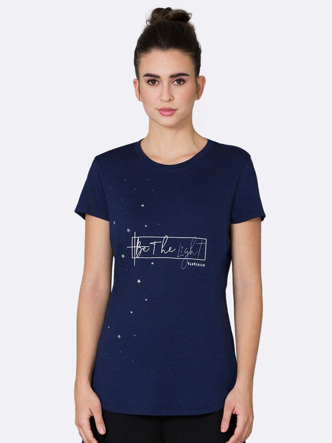 van heusen women navy blue printed t-shirt