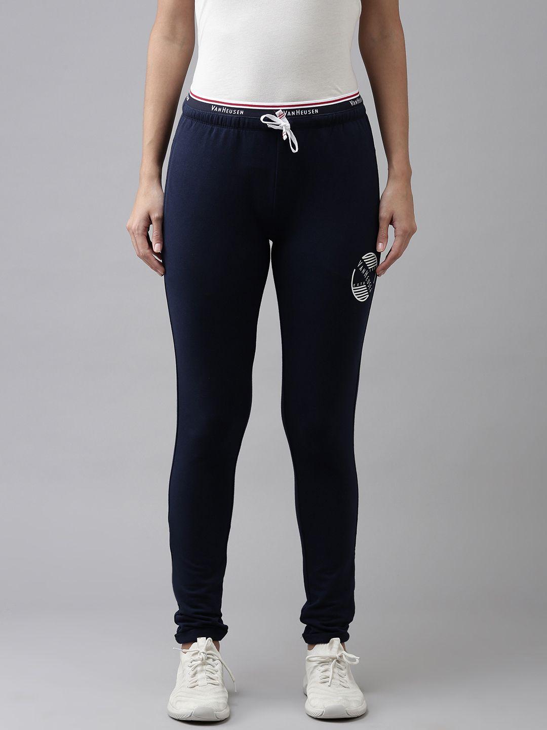 van heusen women navy blue solid track pants with printed detail