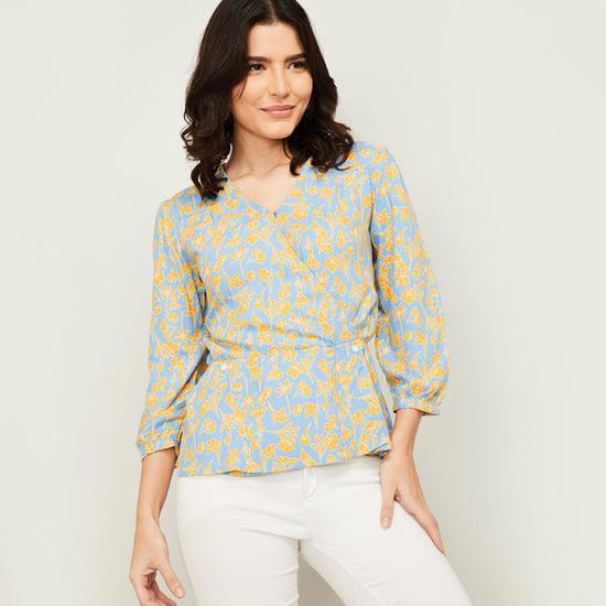 van heusen women printed v-neck cinched waist top