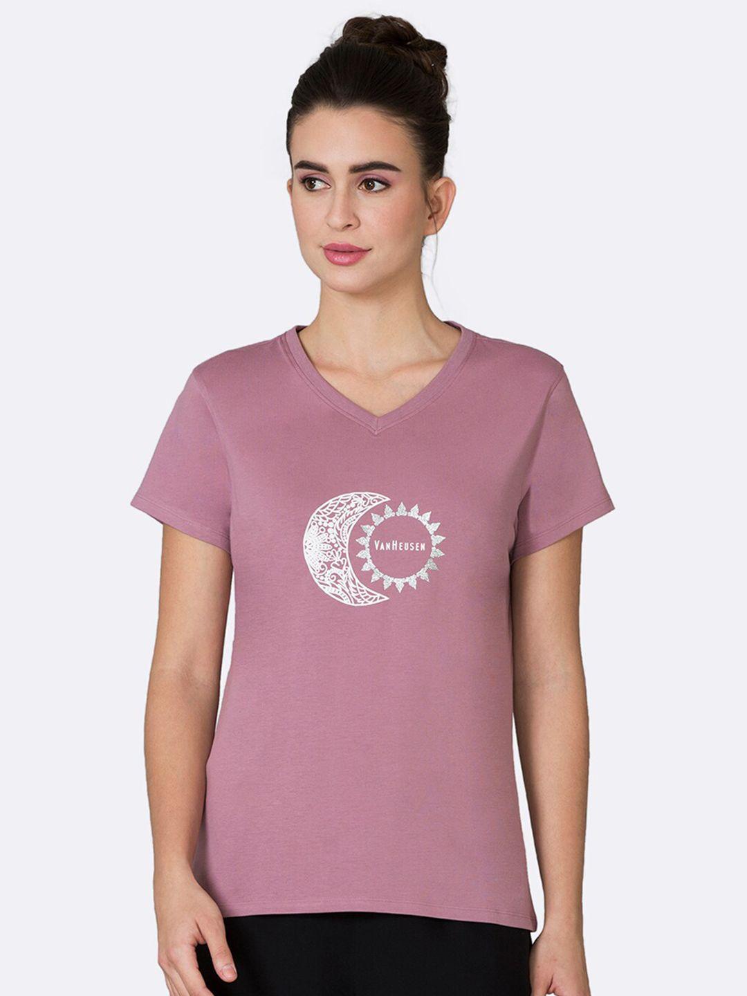 van heusen women purple printed v-neck t-shirt