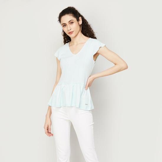 van heusen women solid flutter sleeves peplum top