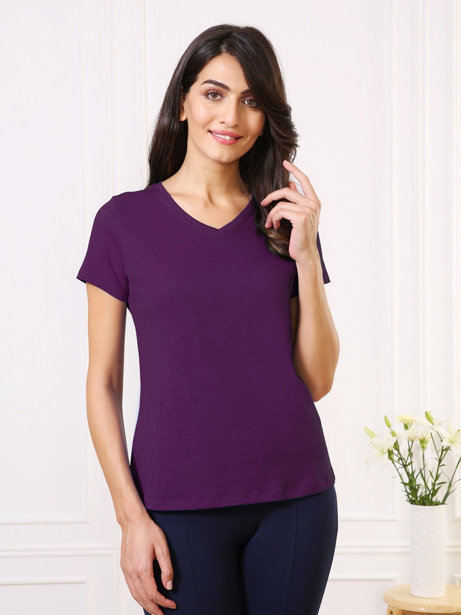 van heusen women v-neck & short sleeve lounge t-shirt - grape