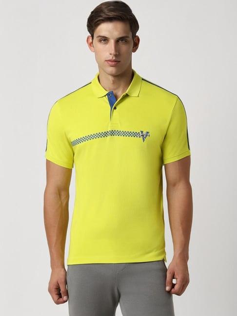van heusen yellow cotton regular fit printed polo t-shirt