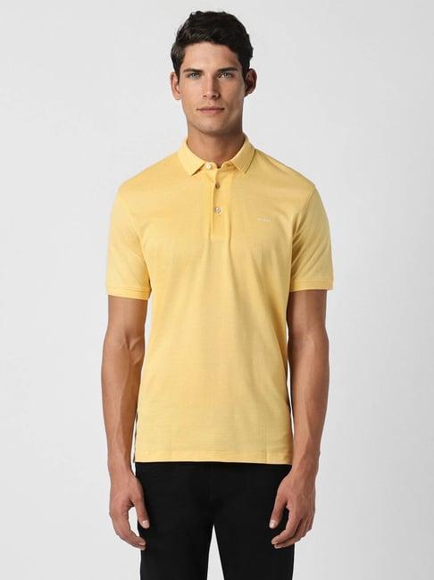 van heusen yellow cotton regular fit self pattern polo t-shirt