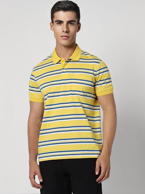 van heusen yellow cotton skinny fit striped polo t-shirts