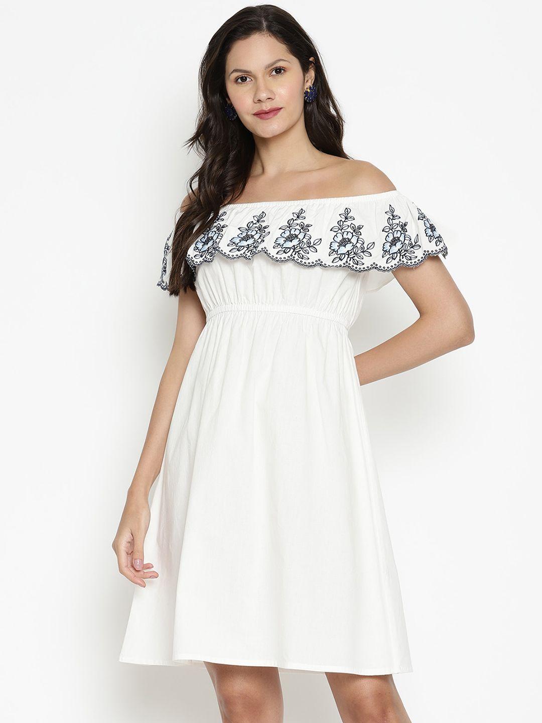 vanca eco women white pure cotton solid a-line off-shoulder dress