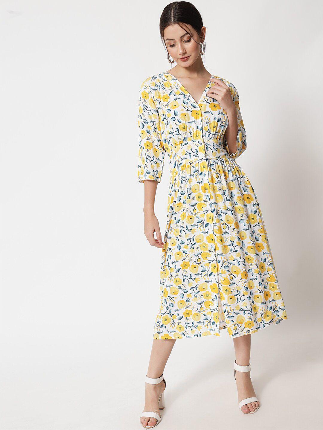 vanca eco yellow floral a-line midi dress