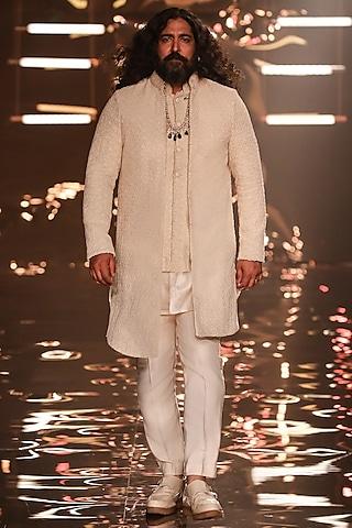 vanilla suiting french knot embroidered layered sherwani