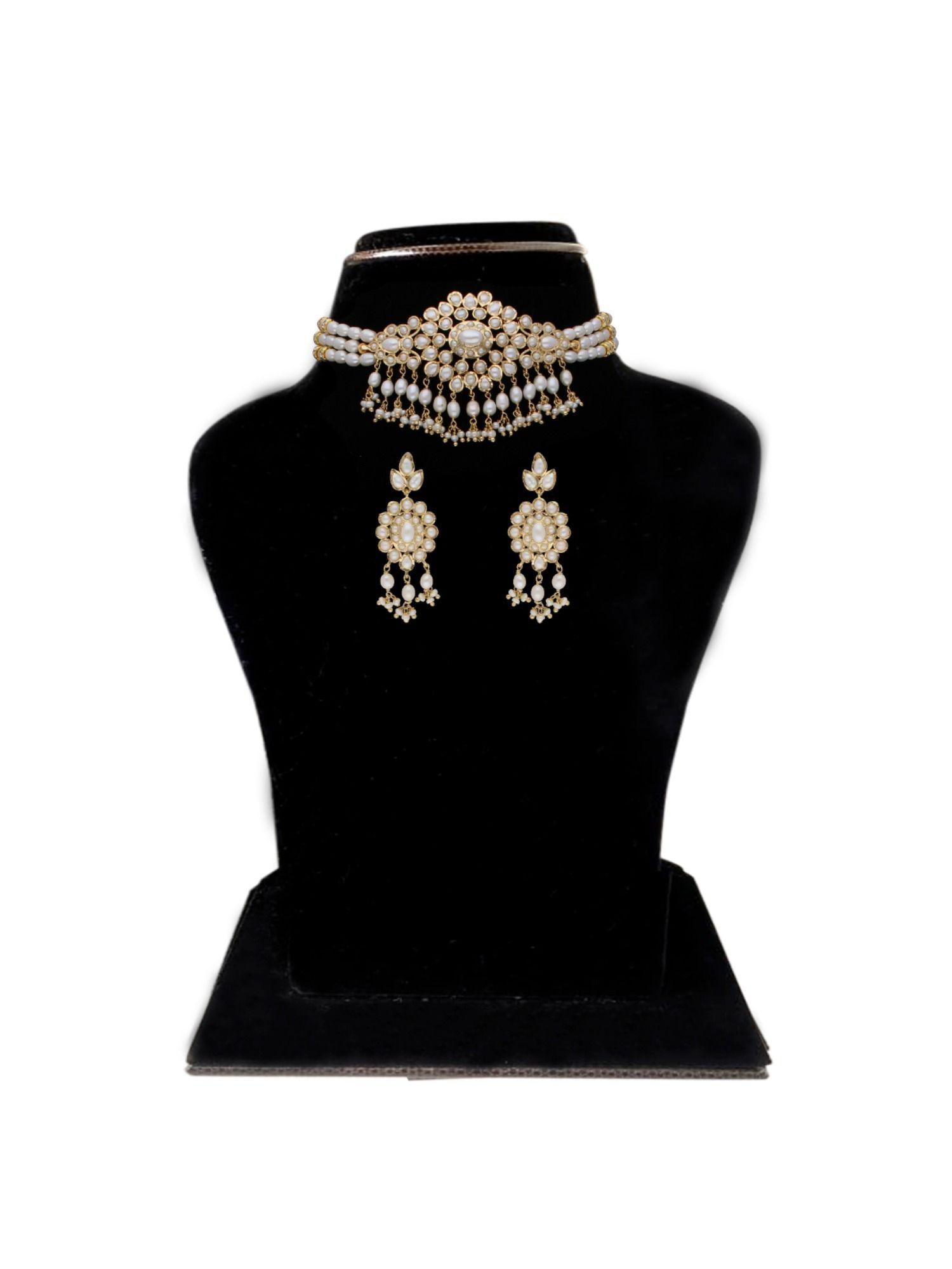 vansha 3 line round pearl choker necklace set