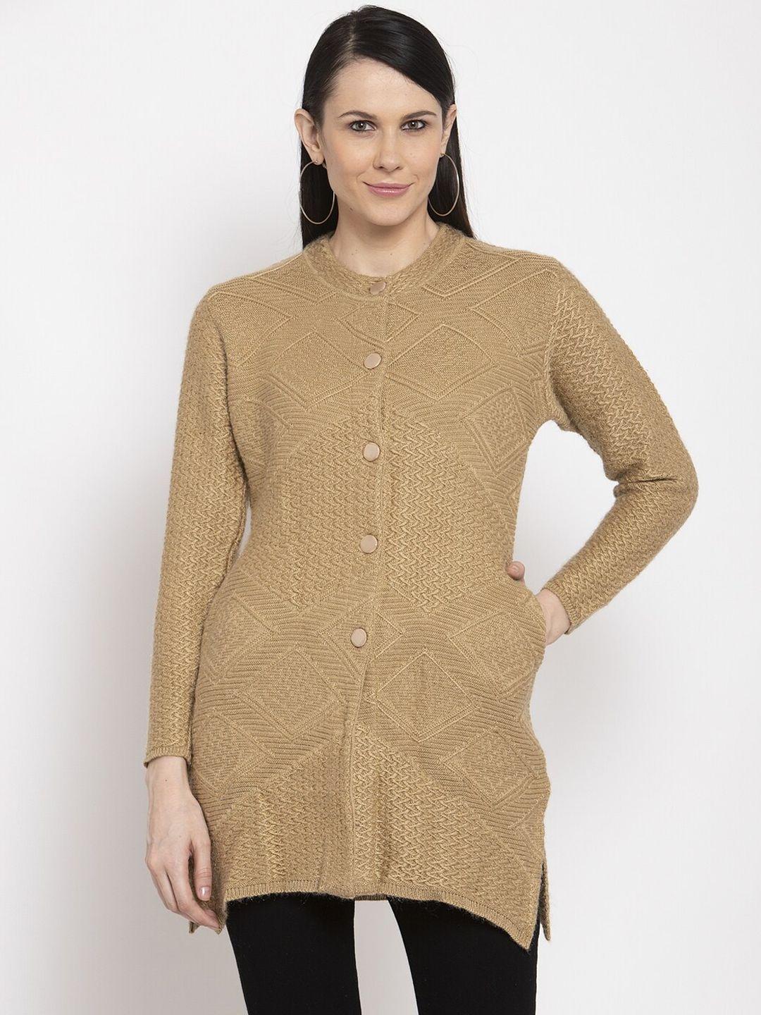 vanya women beige self design front-open sweater