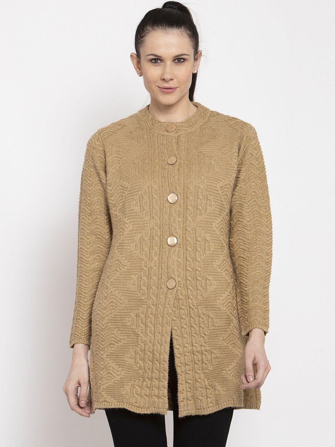 vanya women brown self design front-open sweater