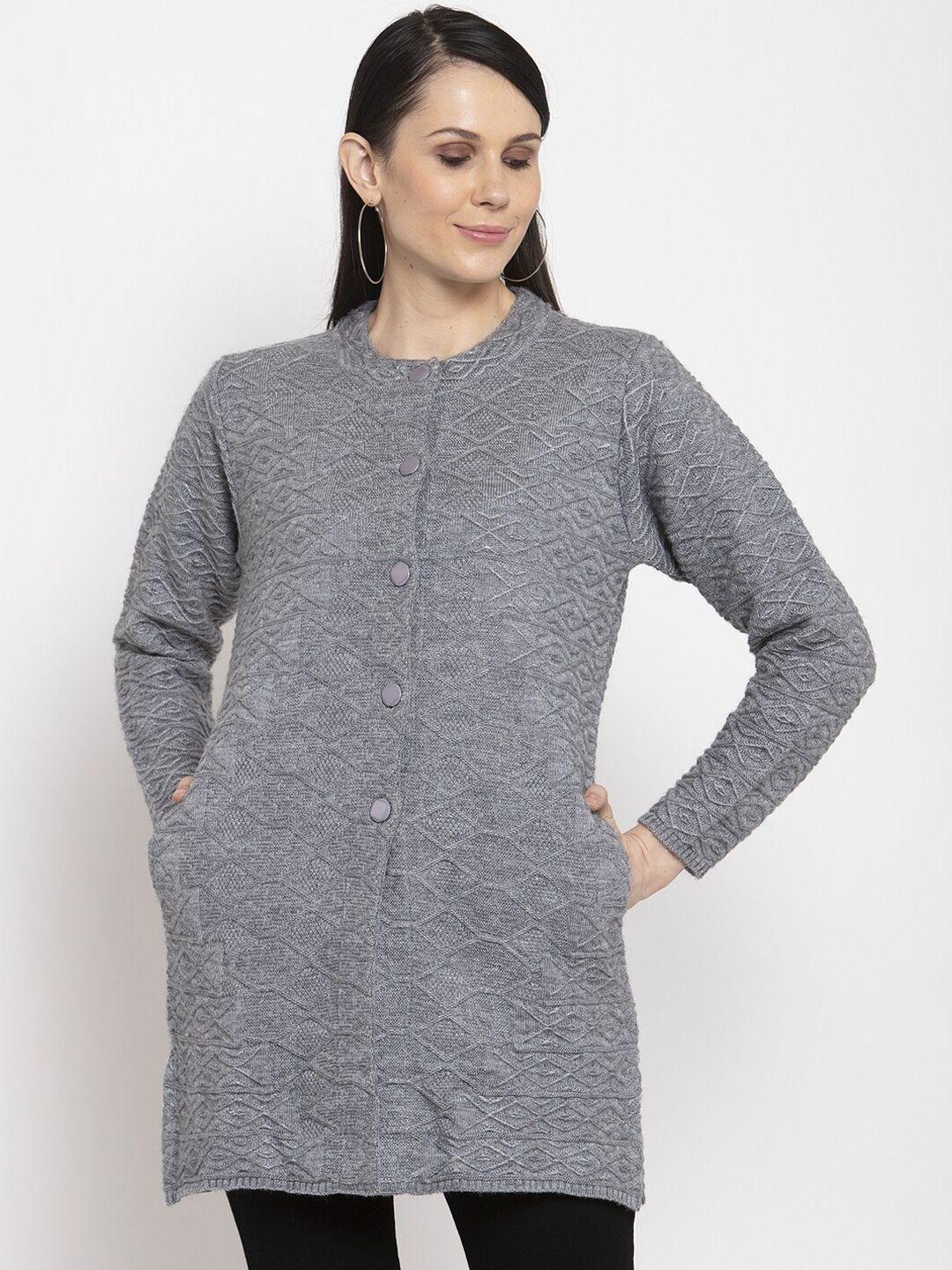 vanya women grey self design cardigan sweater