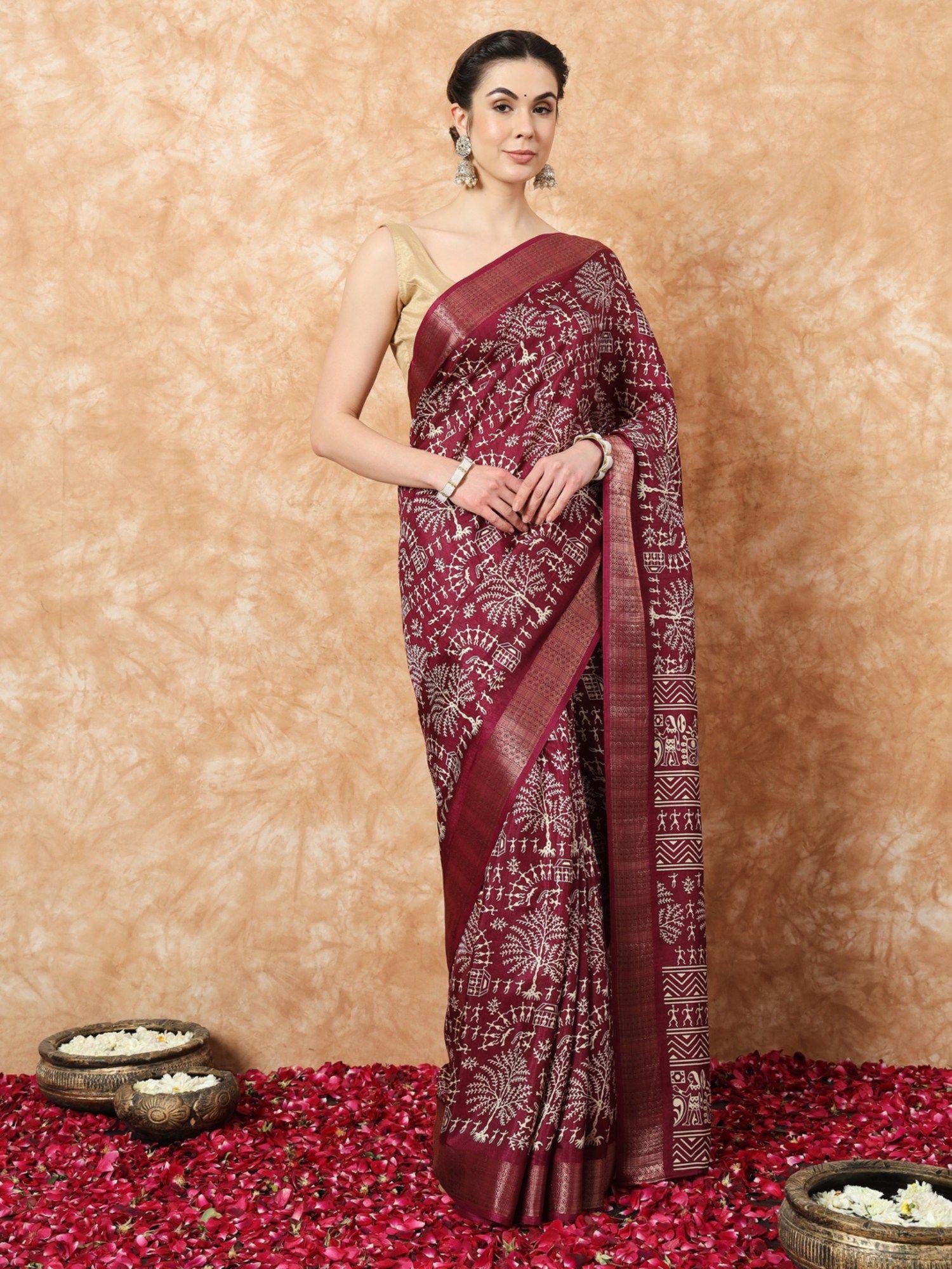 vanza maroon printed silk zari border saree with unstitched blouse