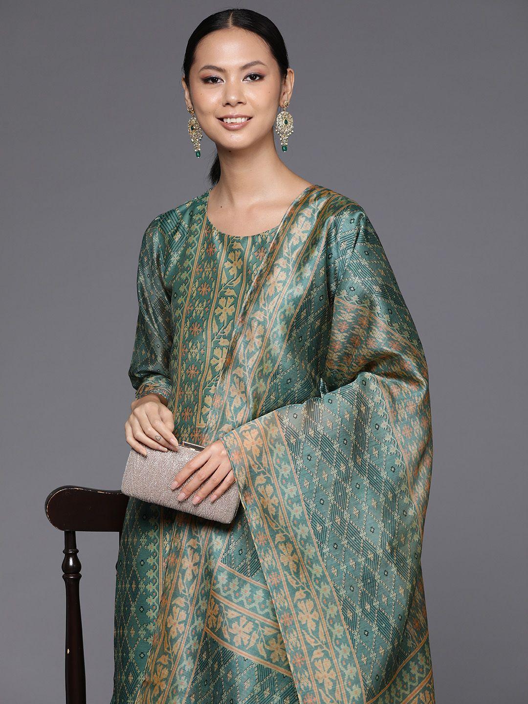 varanga abstract printed regular chanderi silk kurta with trousers & dupatta