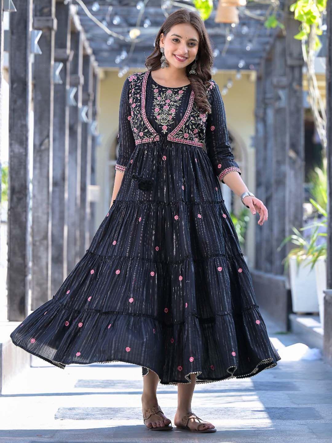 varanga black & pink embellished layered maxi dress