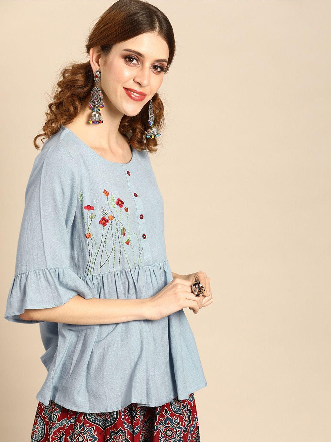 varanga blue & maroon viscose rayon embroidered tunic
