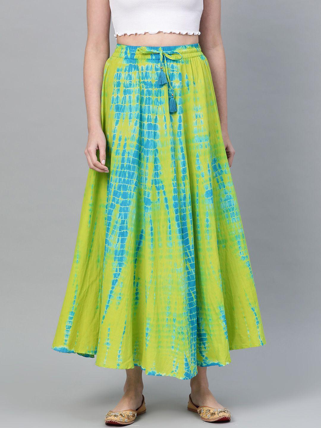 varanga lime green & blue dyed flared maxi skirt