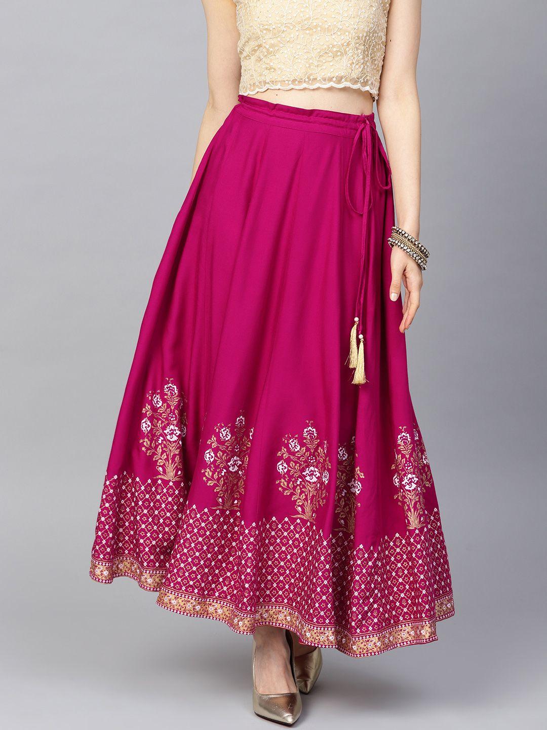 varanga magenta & golden khadi print flared maxi skirt