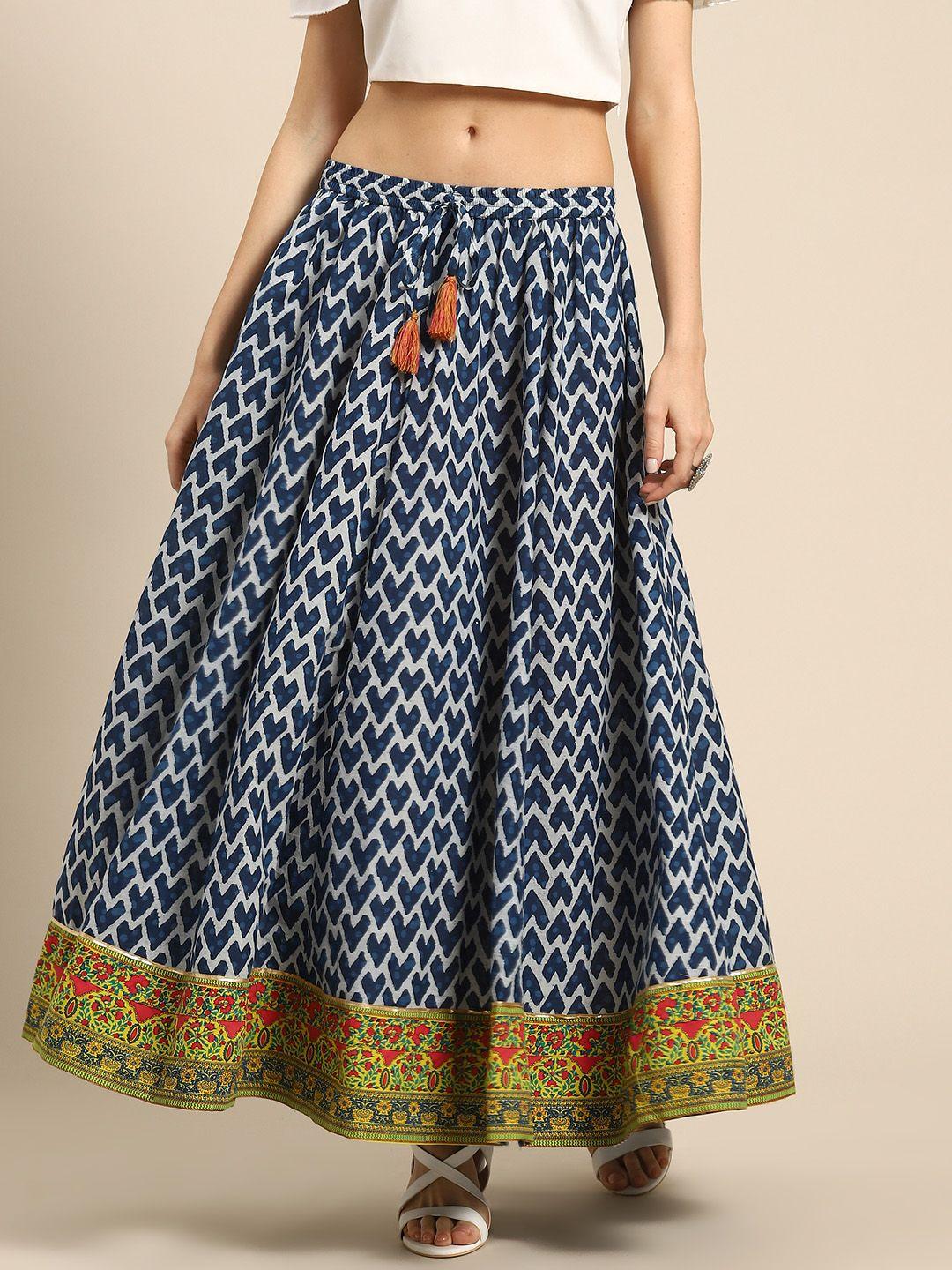 varanga navy blue & white pure cotton geometric print panelled maxi skirt