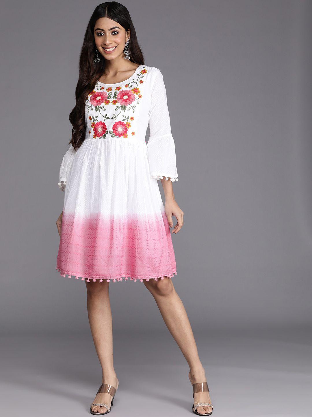 varanga off white & pink pure cotton dyed floral embroidered dress