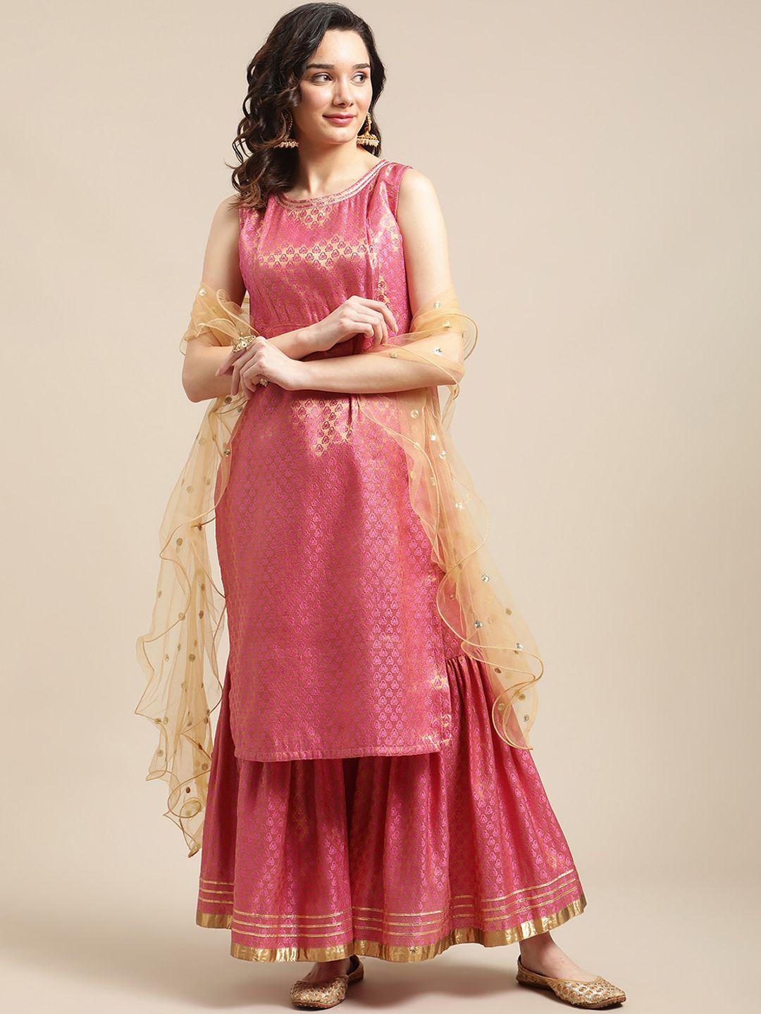 varanga pink & gold-colored brocade sleeveless kurta sharara with sequins ruffle dupatta