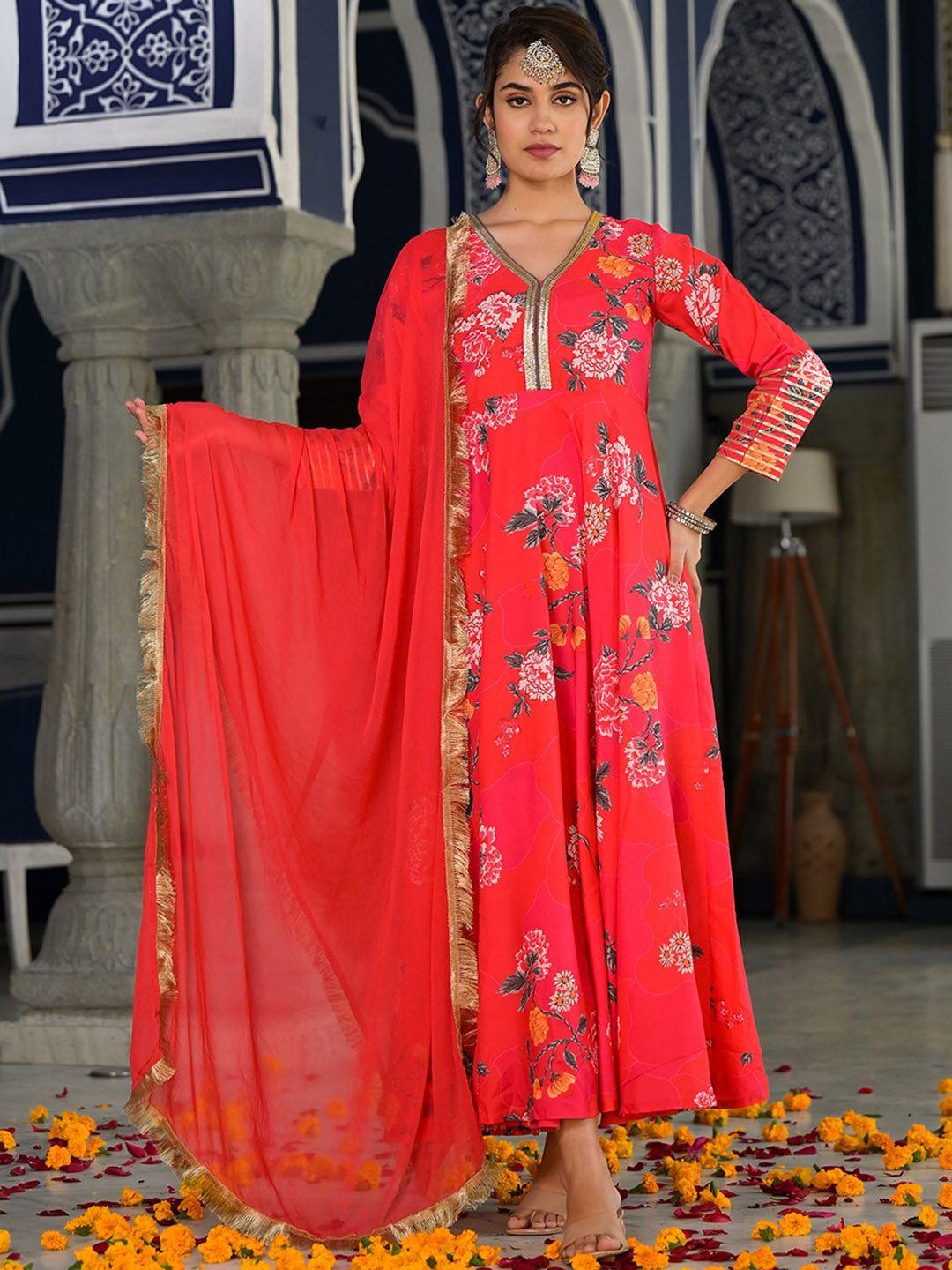 varanga pink floral printed fit and flare ethnic dress with dupatta