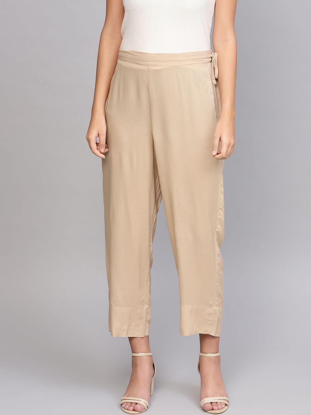 varanga women beige regular fit solid cropped trousers
