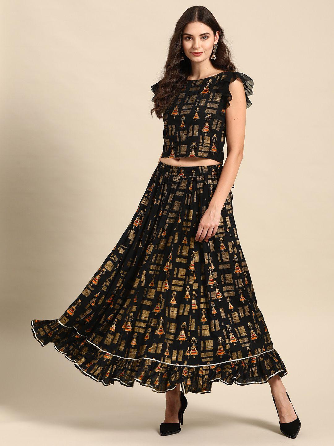 varanga-women-black-&-gold-toned-printed-ruffled-top-with-skirt