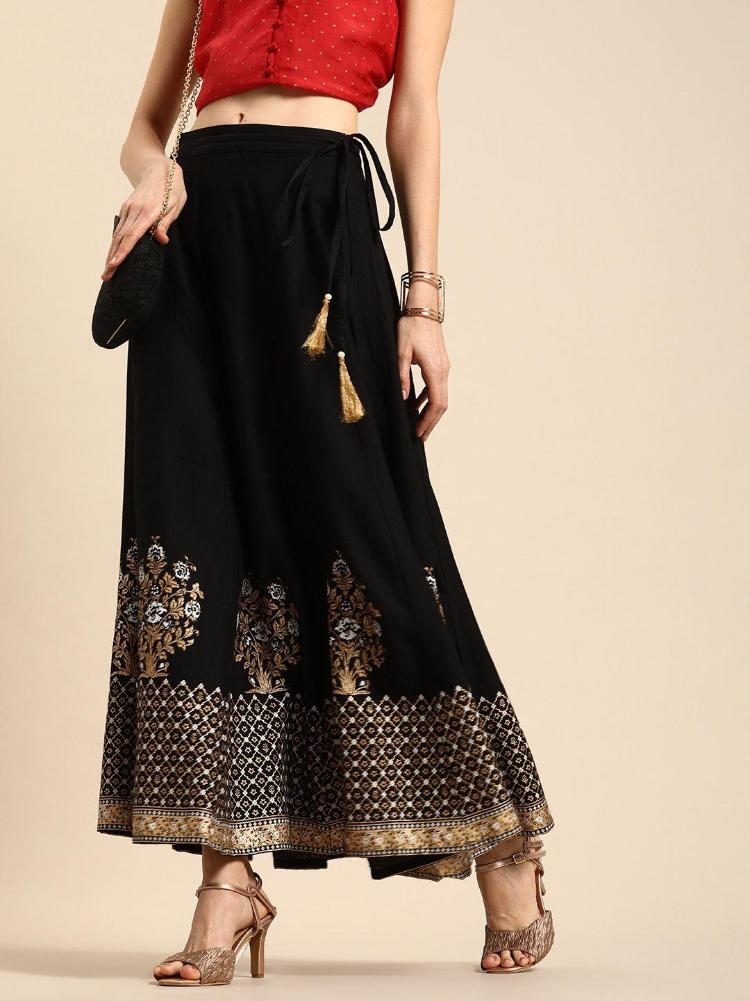 varanga women black & golden-toned printed flared maxi skirt