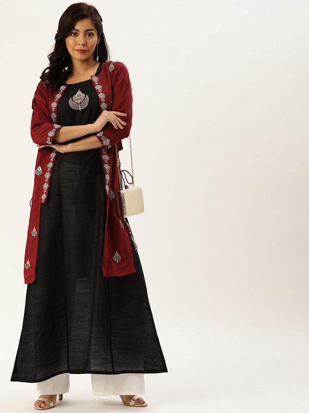 varanga women black & maroon embellished thread work kurta with jacket